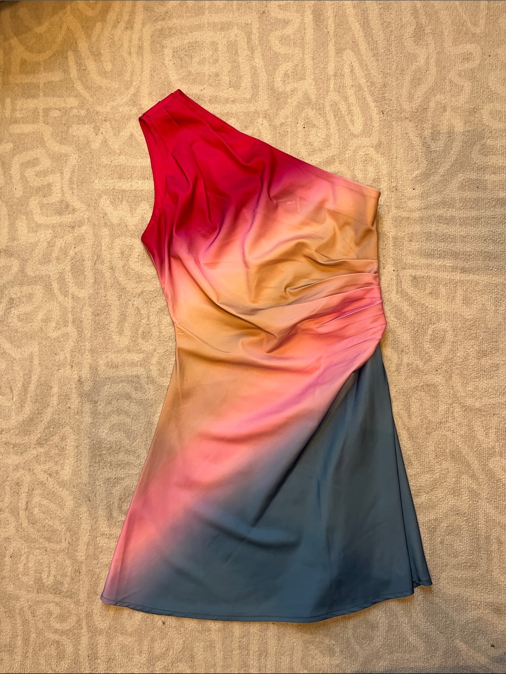 Rare London One-Shoulder Ombre Dress in Fuchsia, Gold & Teal
